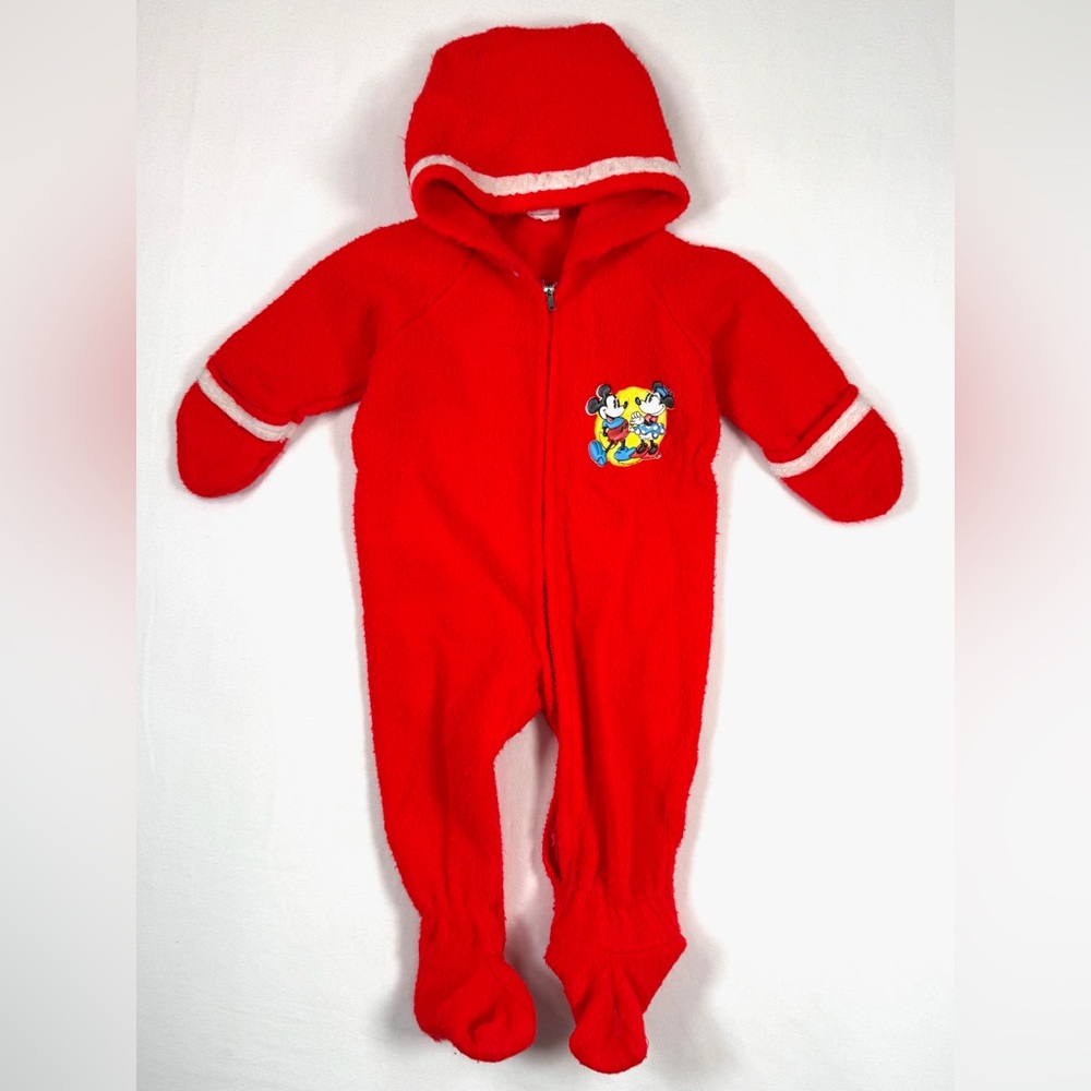 VINTAGE DISNEY 80s-90s Mickey & Minnie Mouse Red Hood Jumpsuit with Mittens 6-9M